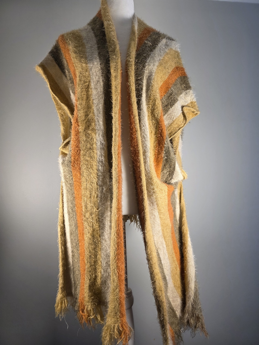 Kori America Women’s M/L Fuzzy Striped Open Front Vest Cardigan Boho Fringe